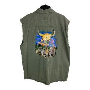 Biker Design Mens Shirt Button Up Adult Size XL Biker Sleeveless Bull Feathers